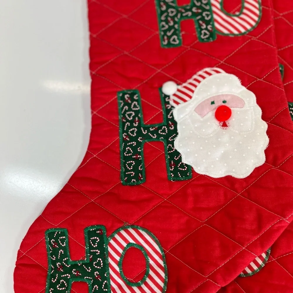 3 Large Ho Ho Ho Christmas Stocking Quilted Applique Santa Red Vintage‎ U.S.A